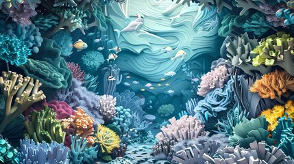 Wall Mural - Digital paper cutting underwater world poster background