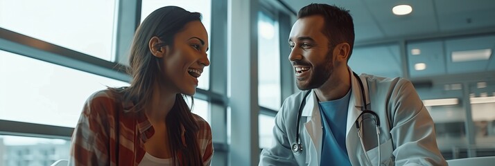 Doctor speaking to patient in the hospital, consulting with doctor with happy and content looking face. medic healthcare concept