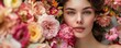 © AnnaN - young woman portrait in soft pink lush flowers with fresh skin and make-up, fashionable stylish banner for a flower shop or beauty salon, summer spring sensual concept