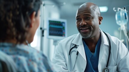 Wall Mural - Doctor speaking to patient in the hospital, consulting with doctor with happy and content looking face. medic healthcare concept