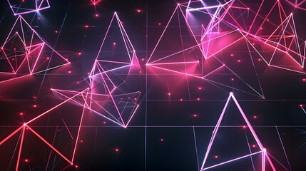 Wall Mural - Dynamic Neon Grid with Glowing Triangular Lines on Dark Background