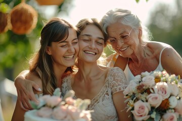 multigenerational family celebrating birthday outdoors grandmother mother and daughter hugging love and support