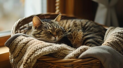 Aufkleber - A large cat curled up in a wicker basket lined with soft blankets, sleeping soundly in a peaceful corner of the room
