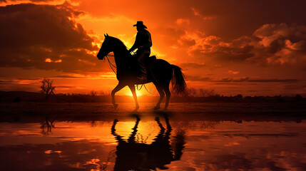 Photo silhouette of cowboy on horseback and sunset