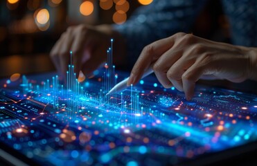 Poster - Business professional using an interactive display tablet with data visualization