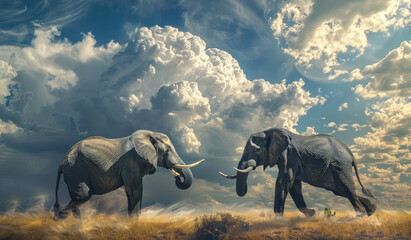 Sticker - Two elephants fighting in the savannah, under an epic sky with a cloud shaped like one elephant facing another elephant. 