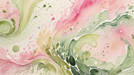 Wall Mural - Watercolor abstract pink and green splash background for banner, fluid art on paper. Backdrop with mixing paint effect. Liquid acrylic artwork with flowing and splashing. Yellow green color