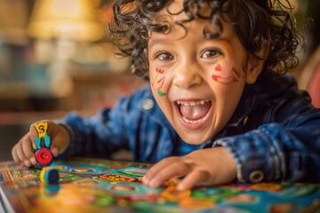 Poster - A young child excitedly spins a spinner on a game board eagerly waiting to see where their game piece will land