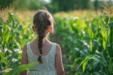 Canvas Print - A young girl exploring a corn field during summer, showcasing innocence and the beauty of nature, reminiscent of idyllic childhood