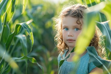 Wall Mural - A young girl exploring a corn field during summer, showcasing innocence and the beauty of nature, reminiscent of idyllic childhood