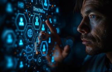 Poster - Businessman interacting with futuristic digital interface with blue holographs