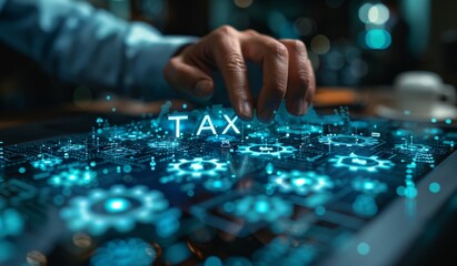 Poster - Businessman touching on the word tax in futuristic digital interface