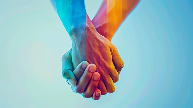 Vibrant and colorful image of two hands holding together symbolizing love, unity, and connection on a bright background.