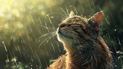Poster - A large cat enjoying a gentle rain shower, its fur glistening with water droplets, creating a peaceful scene.