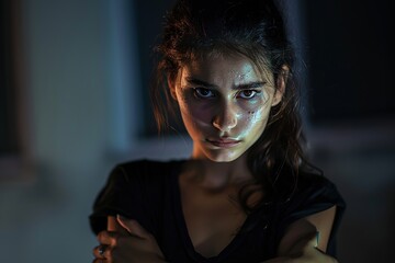 Canvas Print - A young woman with her arms crossed and a scowl on her face her eyes flashing with rage