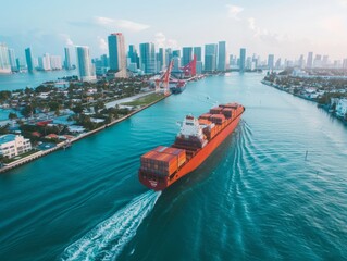 Wall Mural - Gateway to Miami: A Stunning View of a Commercial Container Ship Sailing into the Harbor Amidst a Ba