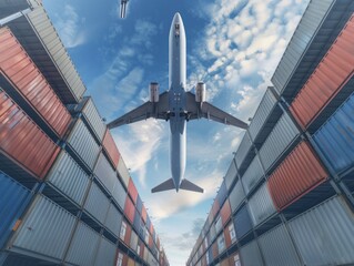 Wall Mural - Commerce in the Sky: International Plane Soaring above Shipyard Warehouses