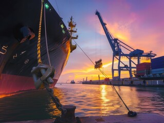 Wall Mural - Dusk Operations: Container Cargo Freight Ship and Crane Bridge in Shipyard for Logistics Import Expo