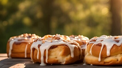 Wall Mural - closeup view of a homemade baked cinnamon roll with vanilla icing