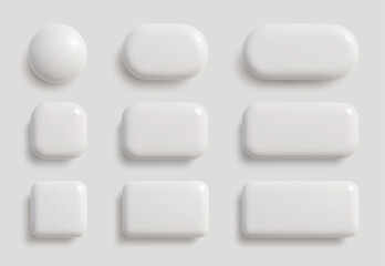 Simple white blank monochrome buttons in 3D style. Circle, square, rectangle shapes. Vector illustration