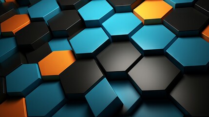 Wall Mural - Vibrant 3d rendering of black, blue, and orange hexagons background pattern: futuristic technology concept.

