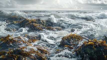 Wall Mural - Marine vegetation covered rocks surrounded by turbulent ocean water