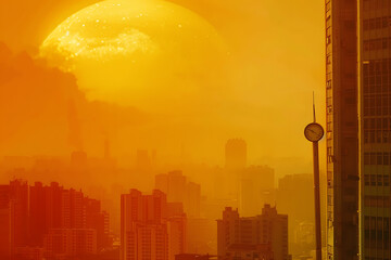 Wall Mural - city hot temperature ,Thermometer on yellow sky with sun shining in summer show higher Weather, concept global warming