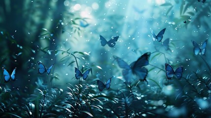 Wall Mural -   A fluttering group of blue butterflies soars above a verdant field dotted with water-kissed plants