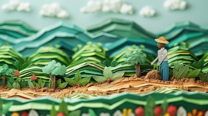 detailed paper model of a farmer working in a field with green hills and clouds in the background, d