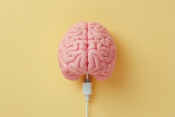 Pink rubber brain connected to an electrical cable on a yellow background