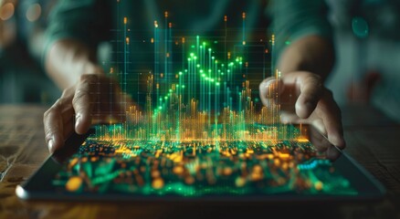 Poster - Man in green t-shirt using futuristic holographic tablet with 3D data visualization