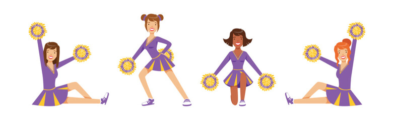 Canvas Print - Dance of Cheerleader Girl Character in Uniform with Pompom Vector Set