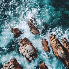 Wall Mural - Aerial view of rocks and aquamarine sea waves