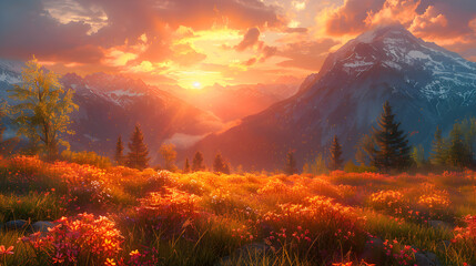 Wall Mural - sunset in the mountains with flowers