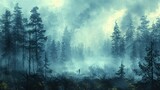 Nature Illustration, Hiking Through a Foggy Forest: An illustration of hikers making their way through a foggy forest, with tall trees fading into the mist and an air of mystery. Illustration image,