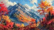 © DARIKA - Nature Illustration, Mountain Hiking in the Autumn: An illustration of hikers trekking up a mountain trail in autumn, with trees displaying vibrant red, orange, and yellow leaves. Illustration image,