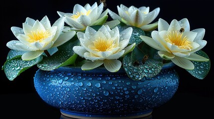 Poster -   A blue vase filled with water lilies sits atop a green, leafy plant, dripping with raindrops