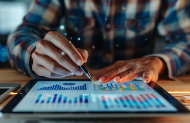 Poster - Close-up of person analyzing financial data on a tablet in a cozy setting