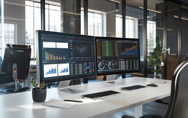 Wall Mural - High-tech computer screens displaying financial data in a modern office.