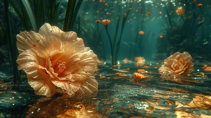 Wall Mural -   A macro shot of a floret submerged in aquatic foliage surrounded by water beads
