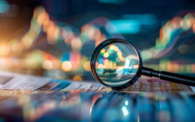 Canvas Print - Magnifying glass over financial charts with bokeh lights.