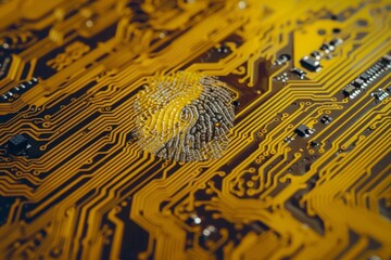 Wall Mural - Finger print as evidence of identity and as a password, Finger print on yellow motherboard background 