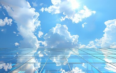 Wall Mural - Reflective glass skyscraper under a vibrant blue sky with fluffy clouds.