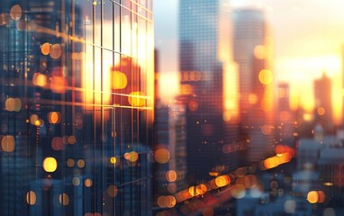 Wall Mural - Reflective skyscrapers at sunset with warm glows and blurred lights.