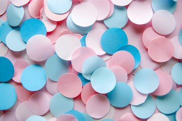 Poster - The background features many pastel pink, blue and white paper circles in a minimalist style
