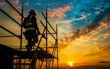 Wall Mural - Silhouette of a worker and construction scaffold at sunset.