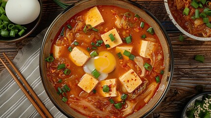 Wall Mural - Top View of Homemade Kimchi Jjigae or Kimchi Soup with Tofu and Egg. Generative Ai