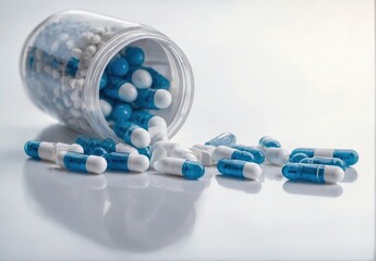 capsules with blue-white antibiotics protrude from plastic medication bottles. drug resistance to an