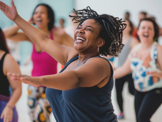 A joyful woman dancing energetically in a lively group fitness class, exuding happiness and enthusiasm.