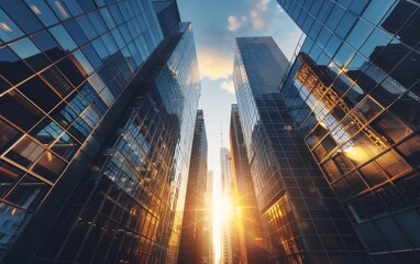 Wall Mural - Sunset glows between towering glass skyscrapers, casting reflections and shadows.